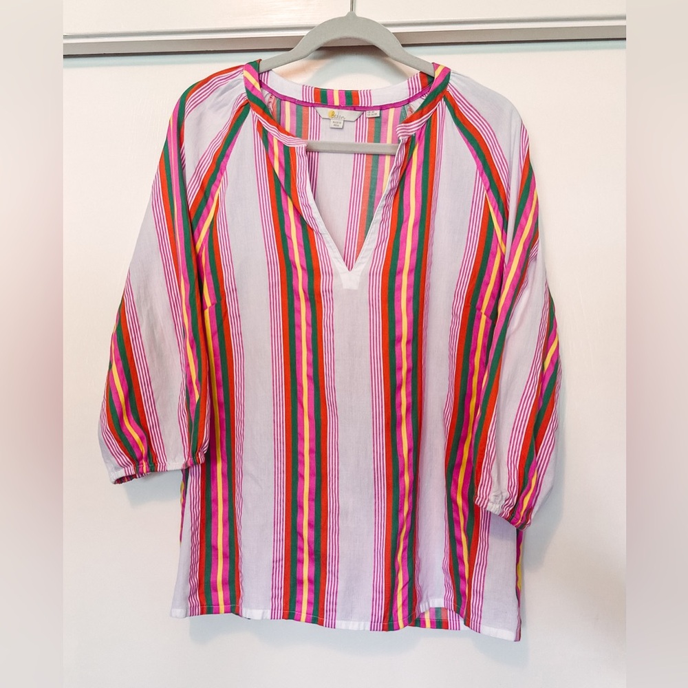 Boden Pink, Red & Green Striped V-Neck L/S Linen Top in Size 16/18